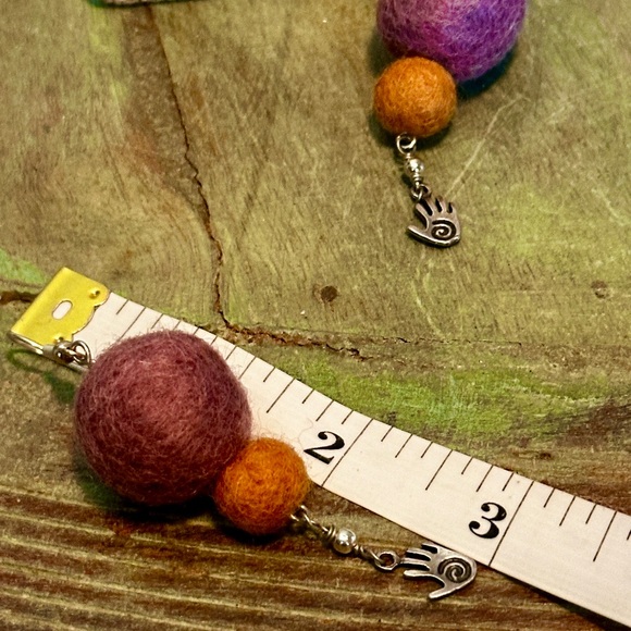 Handmade Purple & Ochre Felt Ball Dangle Earrings with Sterling Hand Charm - Picture 3 of 3